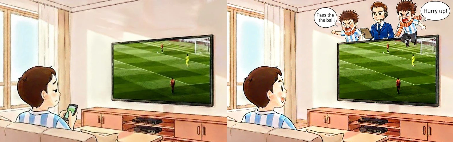 A football viewer disengaged during traditional commentary alongside the same viewer engaged by an AI commentary panel